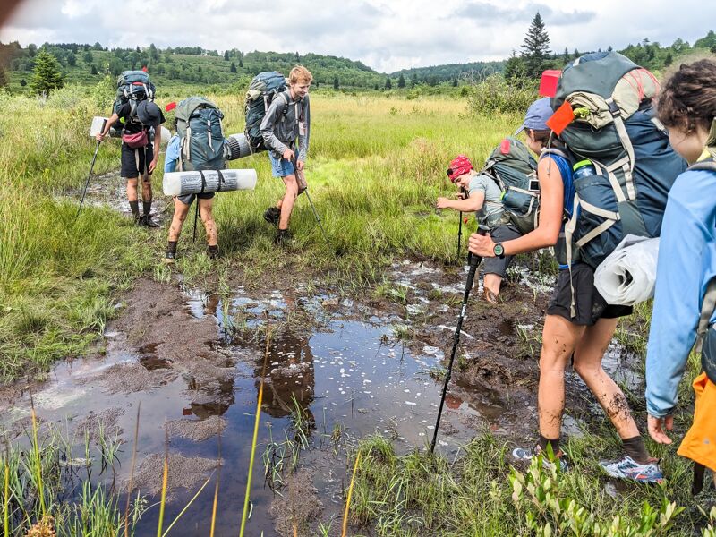 A group of hikers are trekking through a muddy, grassy field. They are equipped with backpacks and hiking poles, navigating a waterlogged path. The sky is overcast, and the landscape features a mix of open fields and distant trees. The hikers appear to be focused on traversing the challenging terrain.